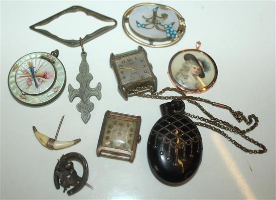 Enamel compact, tortoiseshell locket & other jewellery & watches